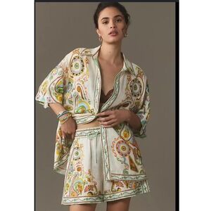 ALÉMAIS Pinball Linen Shirt Multi Color Graphic Print Button Down US 8 AU 12